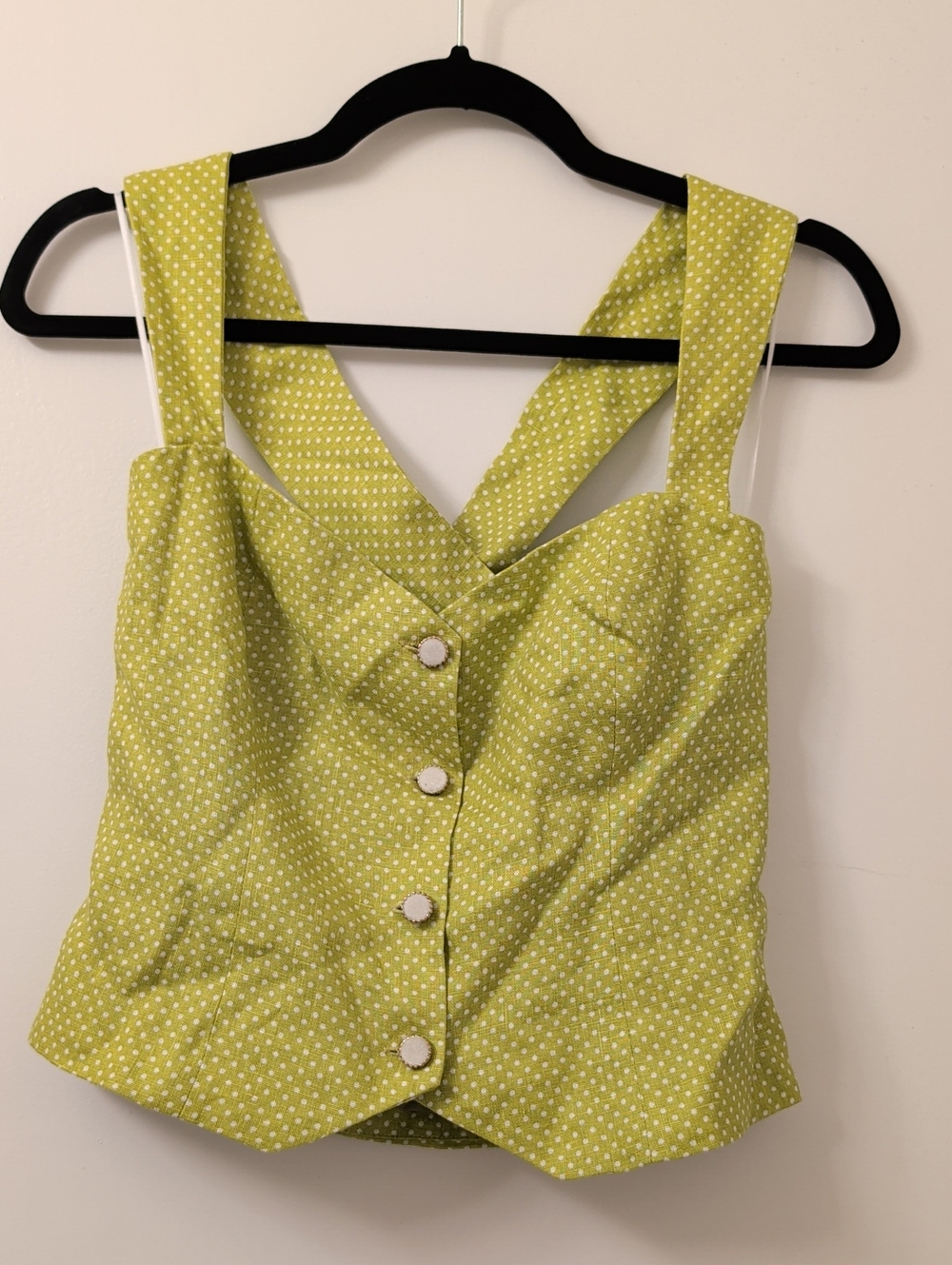 NWOT Reformation Kimberly Linen Button Top in Chartreuse Green Polka Dot Size 4 - Picture 4 of 7